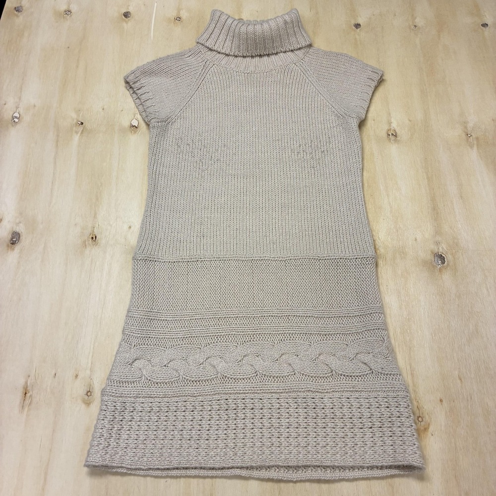 Promod Dress Womens XL Beige Cable Knit Turtleneck Cap Sleeve Sweater Short